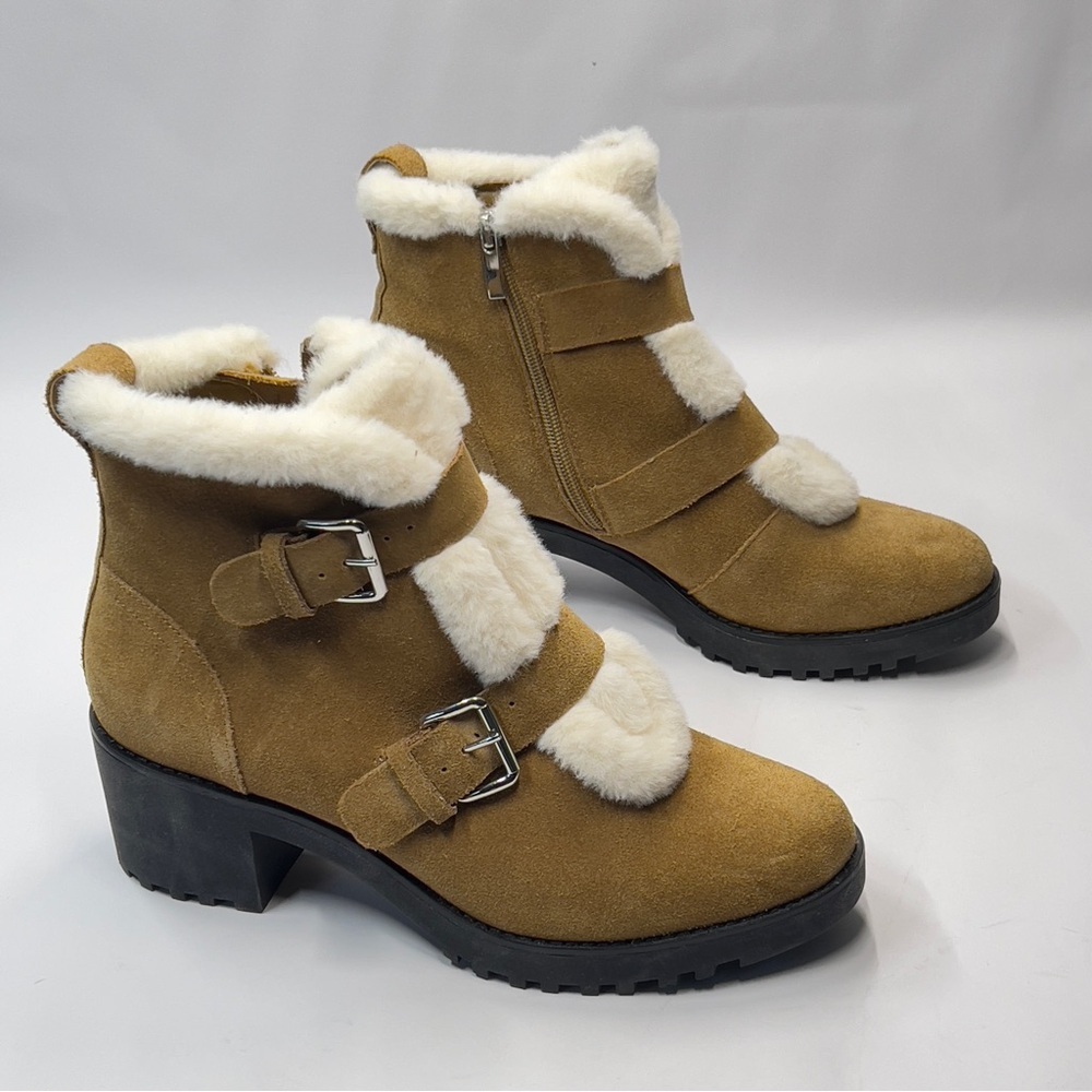 Saks Fifth Avenue women’s size 9.5 Suede Furry Buckle Boots Block heel.